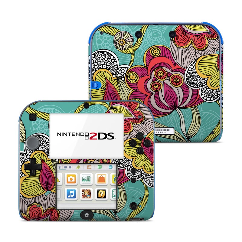 Nintendo 2DS Skin design of Pattern, Visual arts, Motif, Floral design, Design, Art, Plant, Flower, Organism, Textile, with red, yellow, blue, gray, pink colors