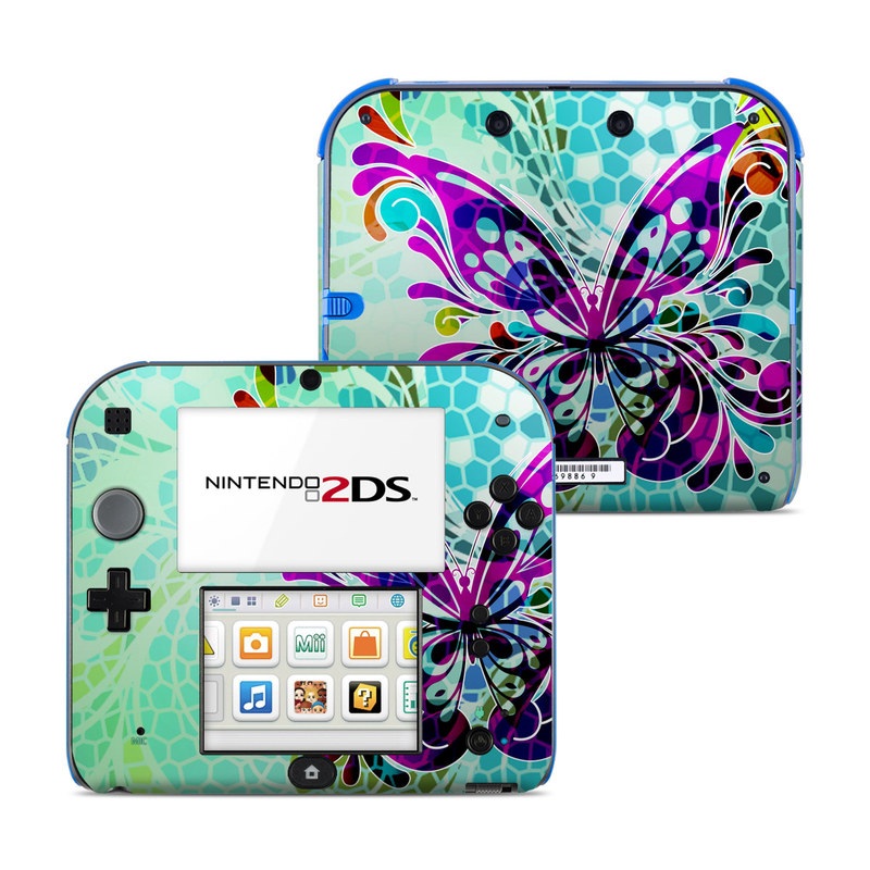 Nintendo 2DS Skin design of Butterfly, Pattern, Insect, Moths and butterflies, Purple, Graphic design, Design, Pollinator, Visual arts, Magenta, with blue, green, purple colors
