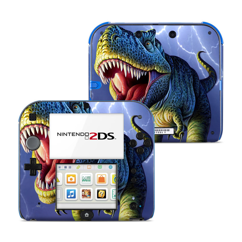 Nintendo 2DS Skin design of Dinosaur, Extinction, Tyrannosaurus, Velociraptor, Tooth, Jaw, Organism, Mouth, Fictional character, Art, with blue, green, yellow, orange, red colors