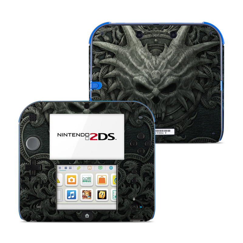 Nintendo 2DS Skin design of Demon, Dragon, Fictional character, Illustration, Supernatural creature, Drawing, Symmetry, Art, Mythology, Mythical creature, with black, gray colors