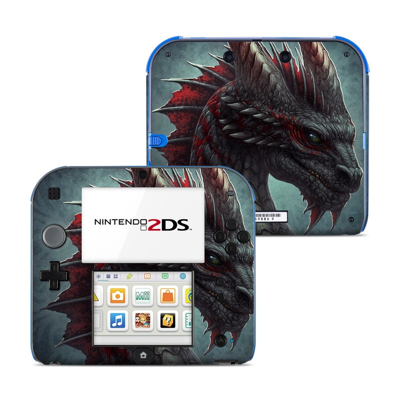 Nintendo 2DS Skin design of Dragon, Fictional character, Mythical creature, Demon, Cg artwork, Illustration, Green dragon, Supernatural creature, Cryptid, with red, gray, blue colors