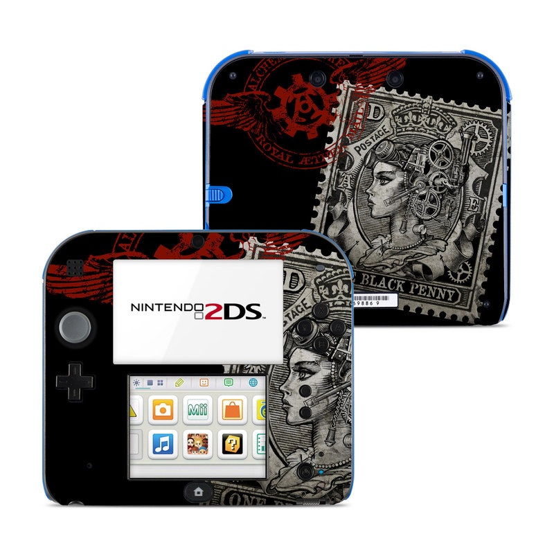 Nintendo 2DS Skin design of Font, Postage stamp, Illustration, Drawing, Art, with black, gray, red colors