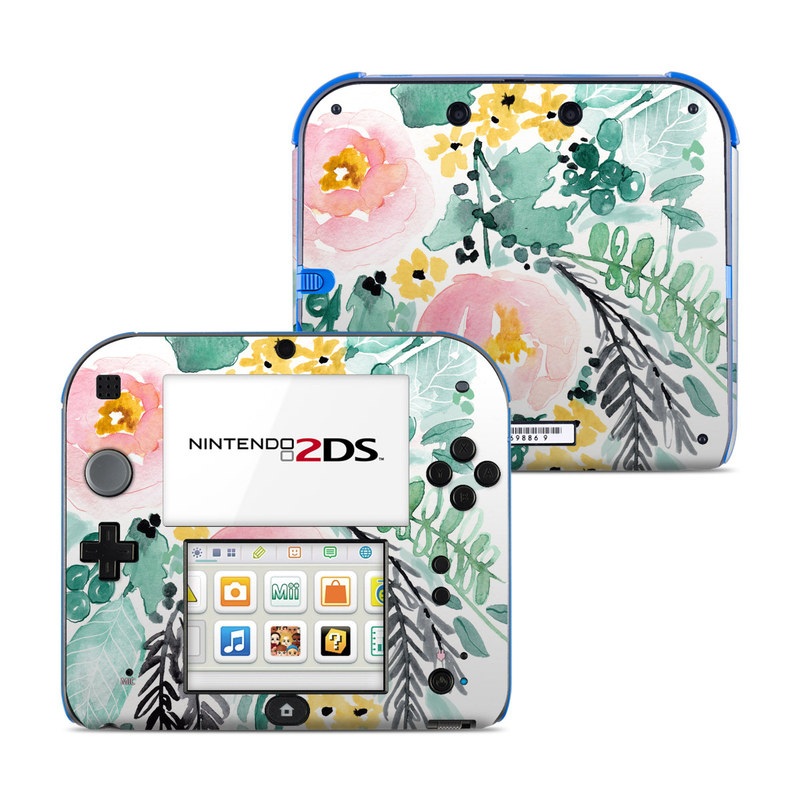 Nintendo 2DS Skin design of Branch, Clip art, Watercolor paint, Flower, Leaf, Botany, Plant, Illustration, Design, Graphics, with green, pink, red, orange, yellow colors