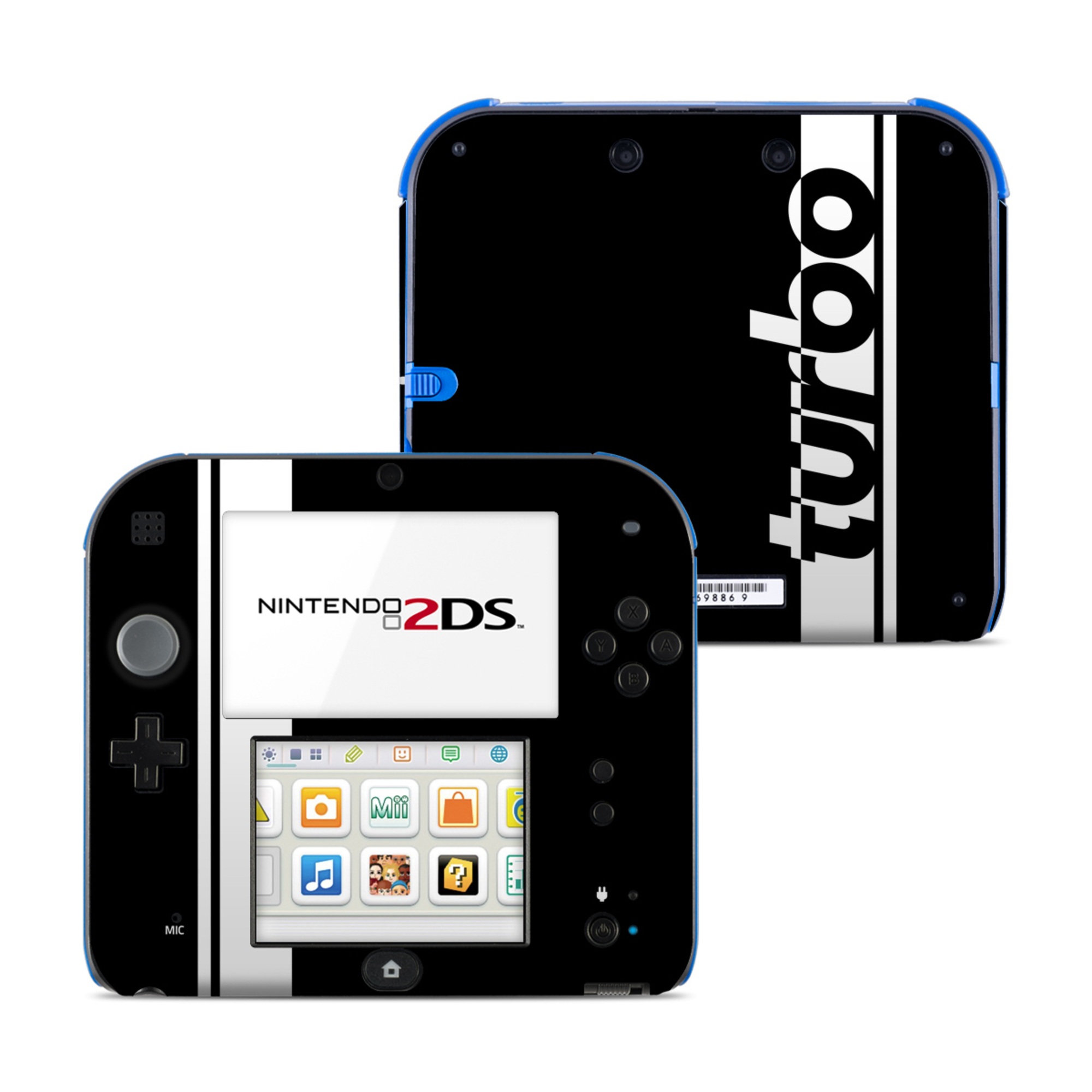 Nintendo 2DS Skin design of Font, Tints and shades, Rectangle, Electric blue, Logo, Brand, Graphics, Pattern, Darkness, Monochrome photography, with black, white colors