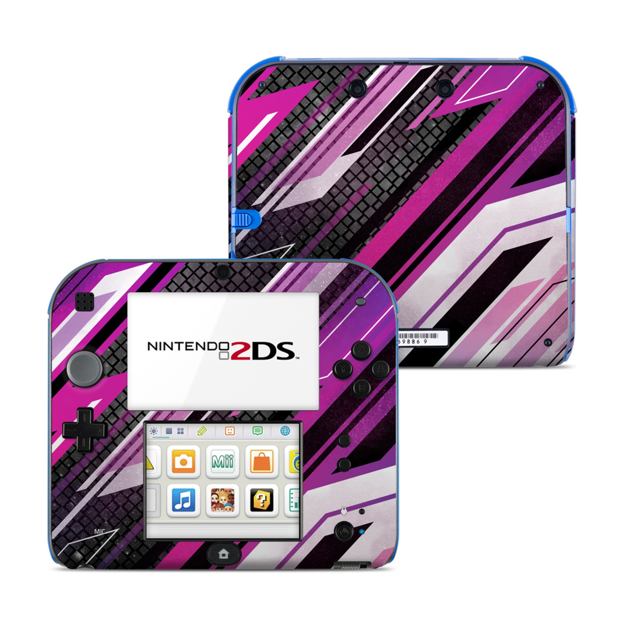 Nintendo 2DS Skin design of Automotive lighting, Hood, Grille, Purple, Automotive design, Automotive exterior, Violet, Motor vehicle, Pink, Line, with black, purple, white, gray, pink colors