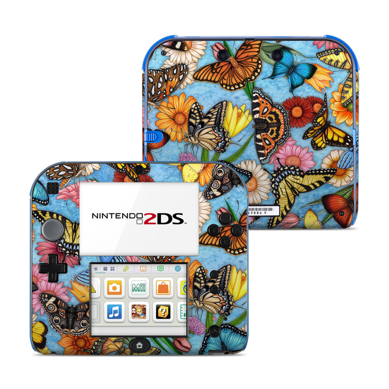 Nintendo 2DS Skin design of Cynthia (subgenus), Butterfly, Monarch butterfly, Moths and butterflies, Brush-footed butterfly, Pollinator, Insect, Pattern, Design, Organism, with blue, pink, orange, yellow, red colors