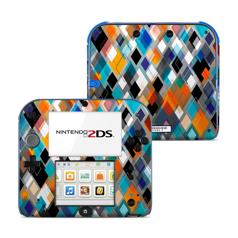 Nintendo 2DS Skin design of Pattern, Line, Design, Colorfulness, Plaid, Tints and shades, Textile, Symmetry, Square, with black, blue, red, orange, white colors