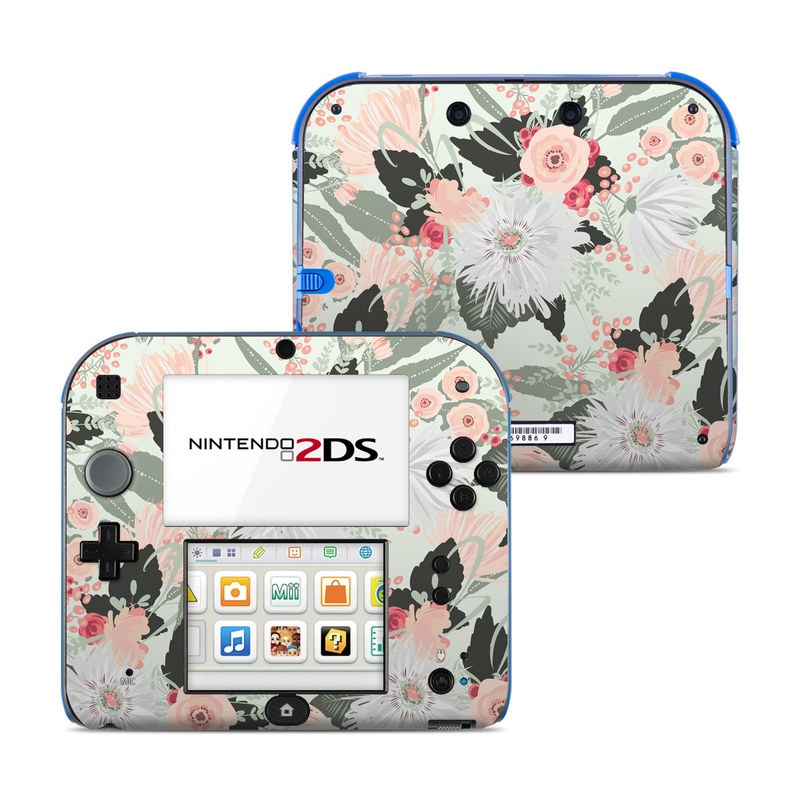 Nintendo 2DS Skin design of Pattern, Pink, Floral design, Design, Textile, Wrapping paper, Plant, Peach, Flower, with green, red, white, pink colors