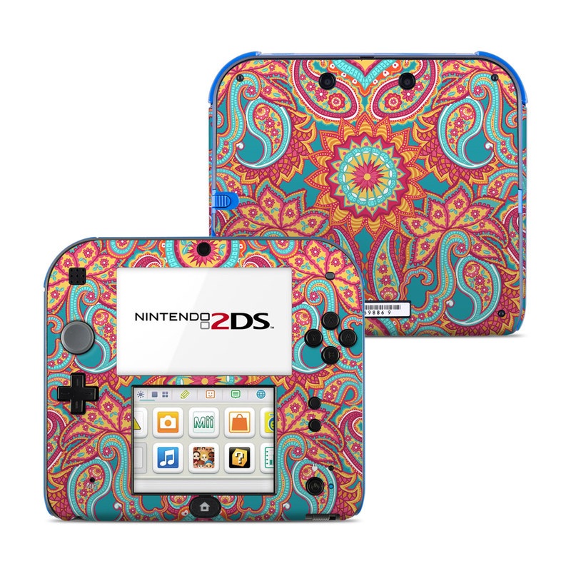Nintendo 2DS Skin design of Pattern, Paisley, Motif, Visual arts, Design, Art, Textile, Psychedelic art, with orange, yellow, blue, red colors