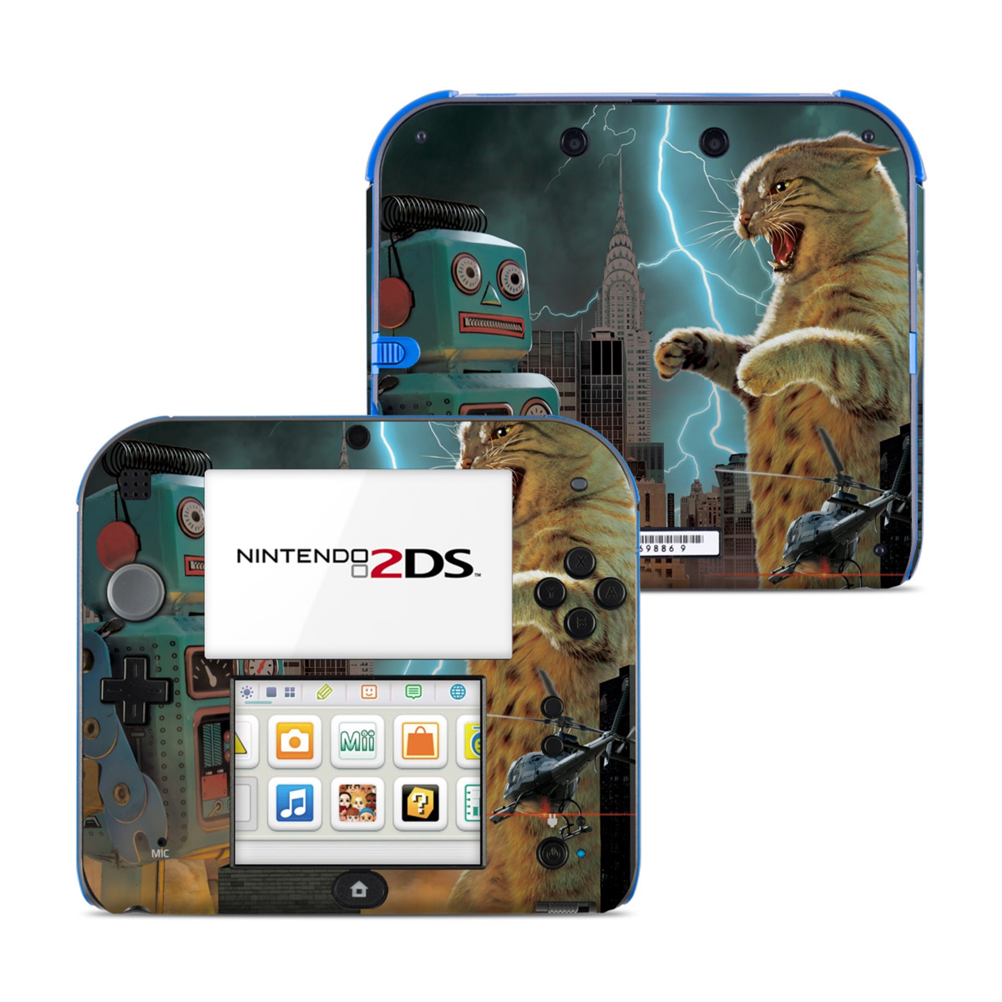 Nintendo 2DS Skin design of Lightning, Felidae, Carnivore, Art, Whiskers, Big cats, Cg artwork, Terrestrial animal, Small to medium-sized cats, Thunder, with black, blue, red, yellow, white, brown, gray, orange colors