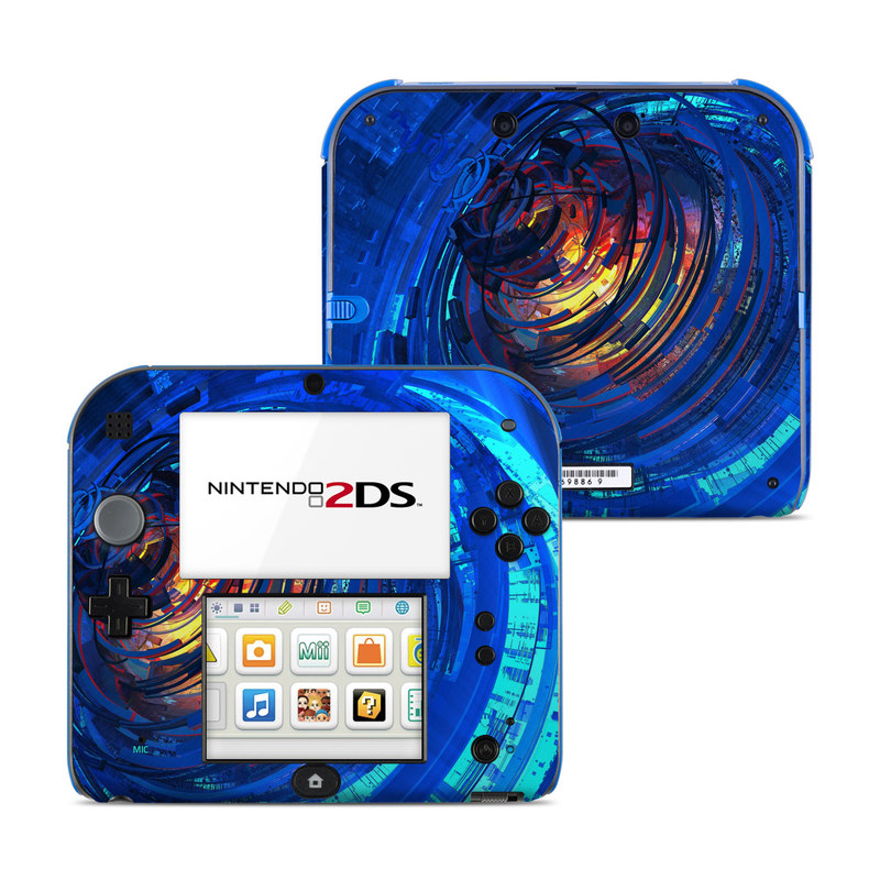 Nintendo 2DS Skin design of Blue, Water, Circle, Vortex, Electric blue, Wave, Liquid, Graphics, Pattern, Colorfulness, with blue, orange, yellow colors