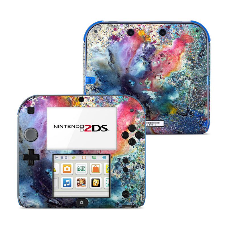 Nintendo 2DS Skin design of Watercolor paint, Painting, Acrylic paint, Art, Modern art, Paint, Visual arts, Space, Colorfulness, Illustration, with gray, black, blue, red, pink colors