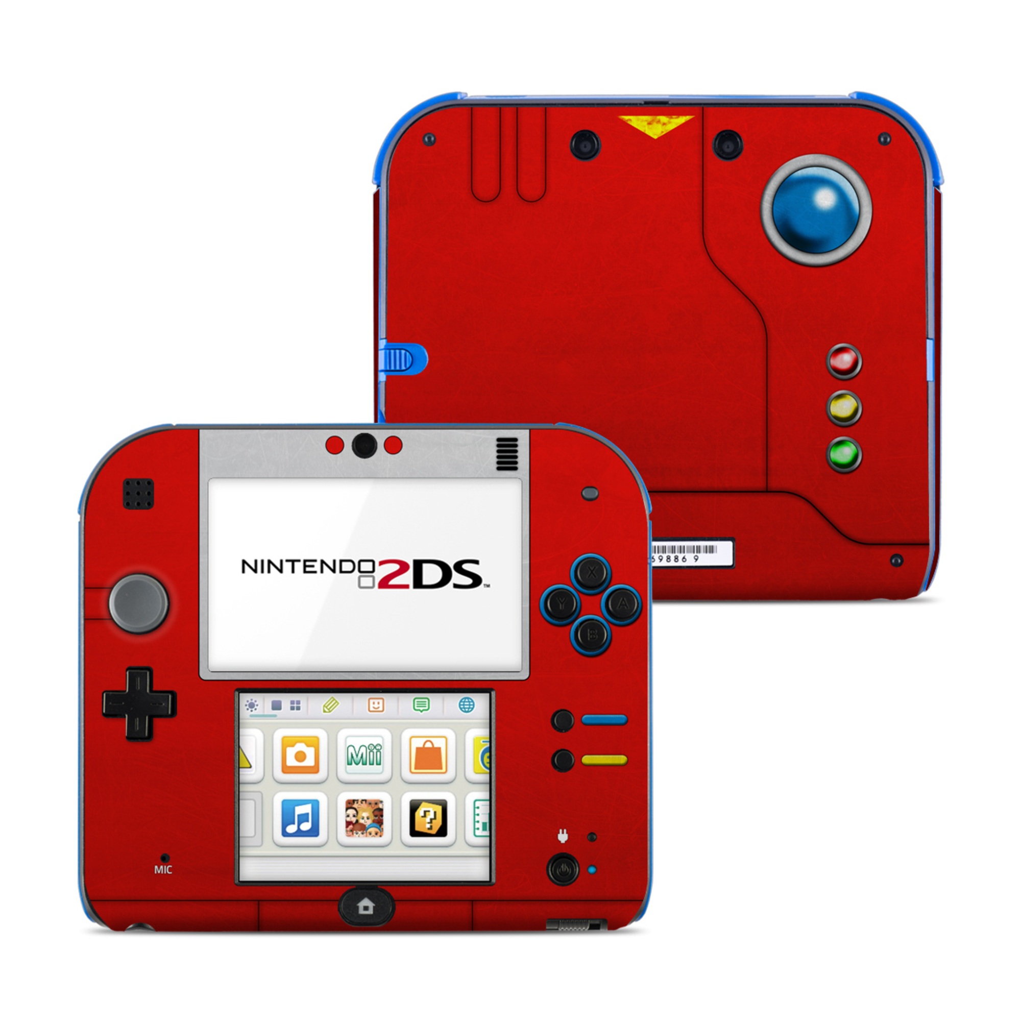 Nintendo 2DS Skin design, with red, blue, gray, yellow, green, black colors