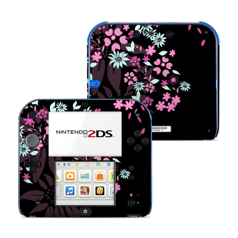 Nintendo 2DS Skin design of Pink, Pattern, Flower, Plant, Botany, Petal, Floral design, Design, Pedicel, Graphic design, with black, gray, purple, green, red, pink colors