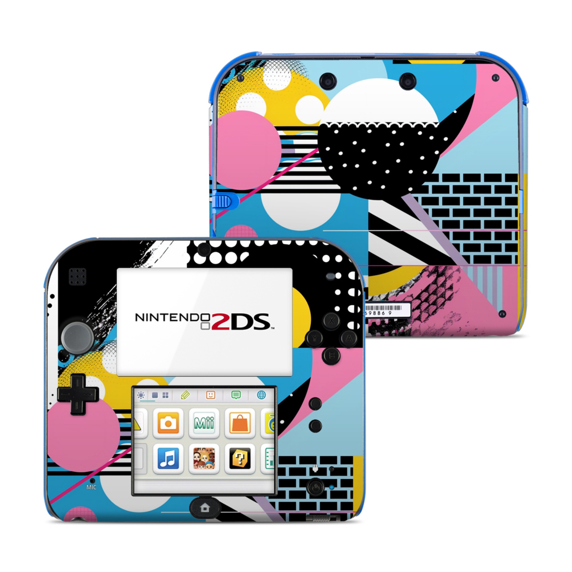 Nintendo 2DS Skin design of White, Yellow, Art, Font, Pattern, Circle, Design, Creative arts, Graphics, Electric blue, with blue, pink, white, black, yellow colors