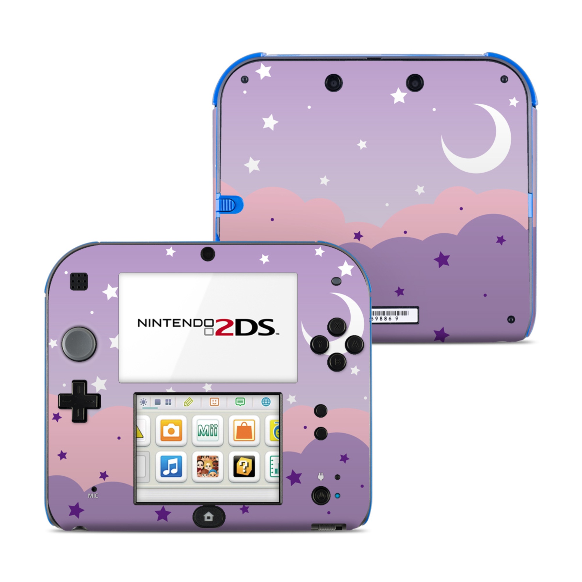 Nintendo 2DS Skin design of Astronomical object, Pink, Star, Purple, Crescent, Moon, Graphics, Animation, Wallpaper, Graphic design, with purple, white colors