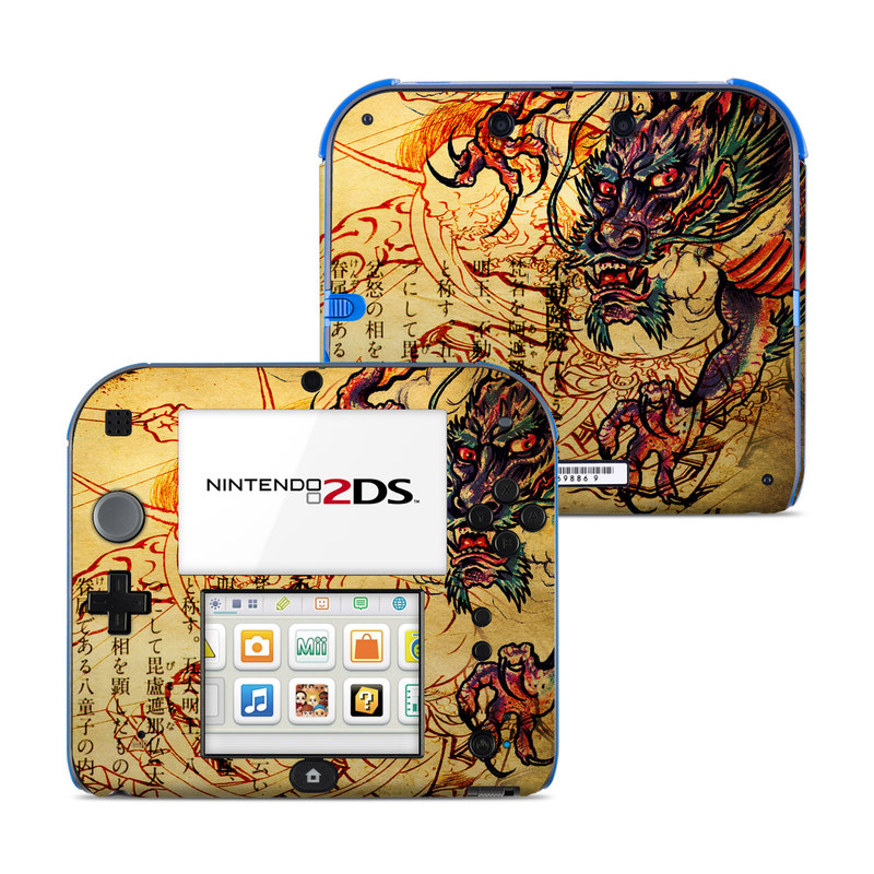 Nintendo 2DS Skin design of Illustration, Fictional character, Art, Demon, Drawing, Visual arts, Dragon, Supernatural creature, Mythical creature, Mythology, with black, green, red, gray, pink, orange colors