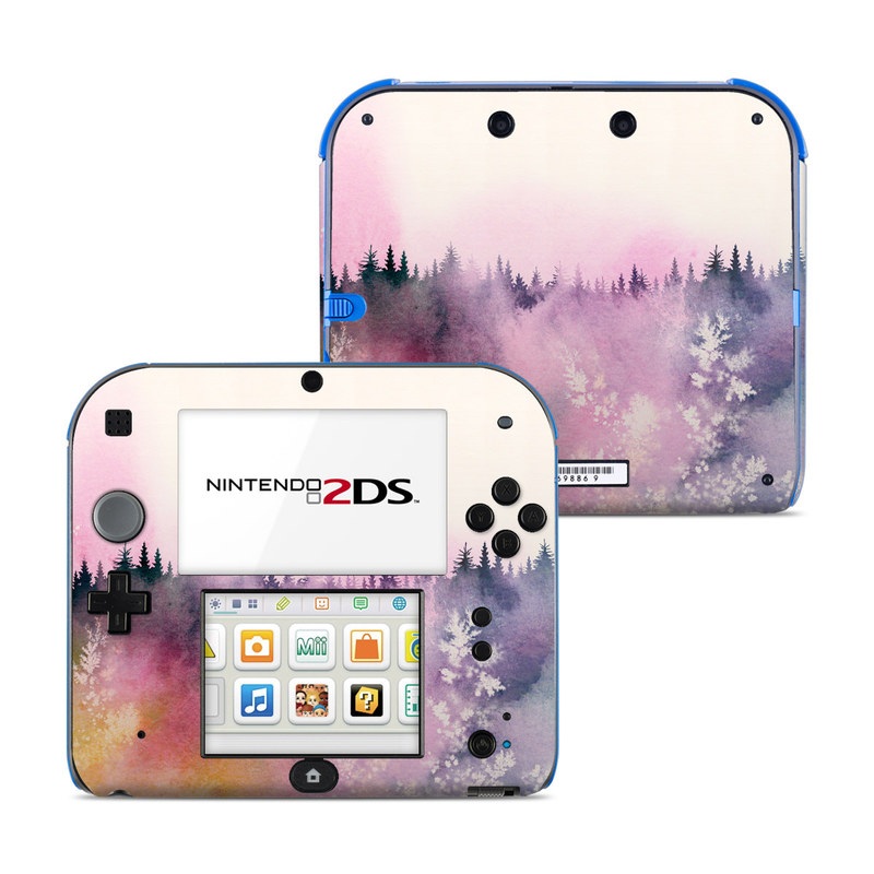 Nintendo 2DS Skin design of Watercolor paint, Sky, Atmospheric phenomenon, Tree, Atmosphere, Cloud, Landscape, Forest, Painting, Illustration, with white, yellow, pink, purple, blue, black colors