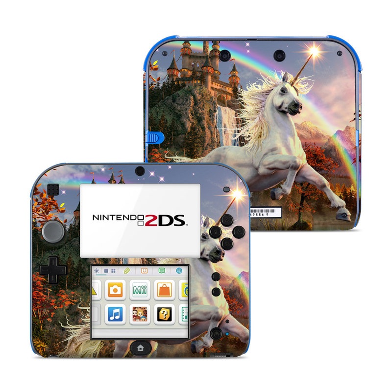 Nintendo 2DS Skin design of Nature, Unicorn, Fictional character, Sky, Mythical creature, Mythology, Cg artwork, Horse, Mane, Wildlife, with black, gray, red, green, blue colors