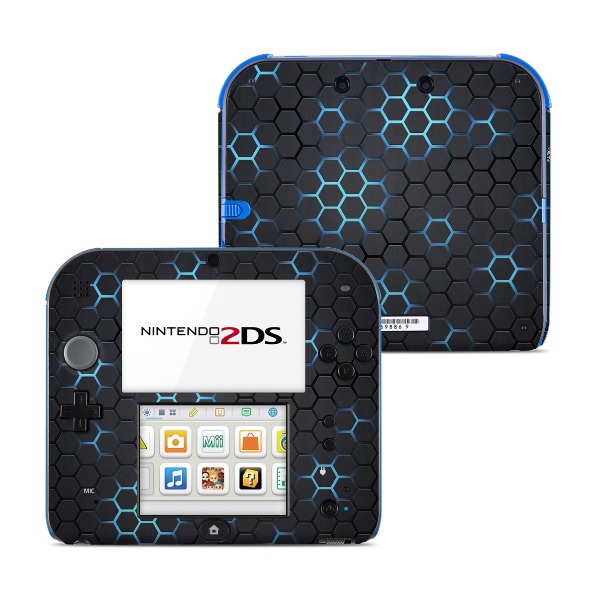 Nintendo 2DS Skin design of Pattern, Water, Design, Circle, Metal, Mesh, Sphere, Symmetry, with black, gray, blue colors