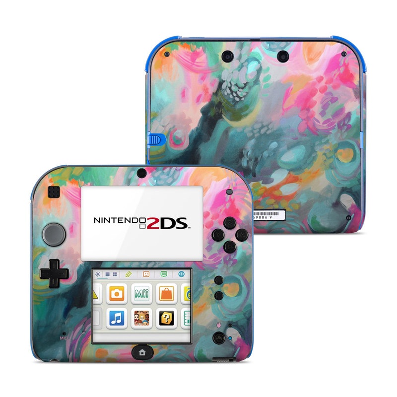 Nintendo 2DS Skin design of Painting, Acrylic paint, Modern art, Art, Pink, Visual arts, Watercolor paint, Pattern, Illustration, Paint, with blue, pink, orange, yellow, green, purple colors