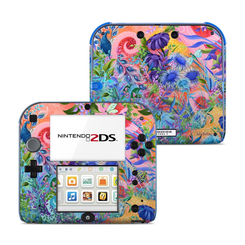 Nintendo 2DS Skin design of Psychedelic art, Painting, Art, Acrylic paint, Pattern, Modern art, Visual arts, Textile, Design, Organism, with gray, blue, green, pink colors