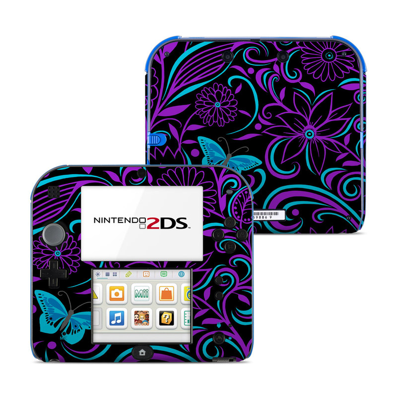 Nintendo 2DS Skin design of Pattern, Purple, Violet, Turquoise, Teal, Design, Floral design, Visual arts, Magenta, Motif, with black, purple, blue colors