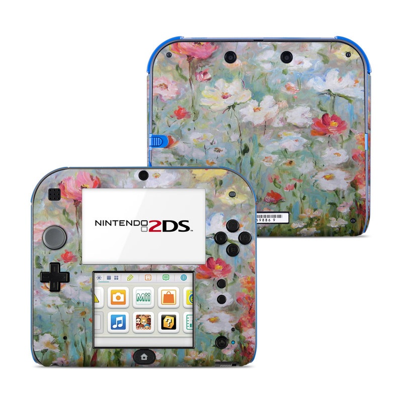 Nintendo 2DS Skin design of Flower, Painting, Watercolor paint, Plant, Modern art, Wildflower, Botany, Meadow, Acrylic paint, Flowering plant, with gray, black, green, red, blue colors