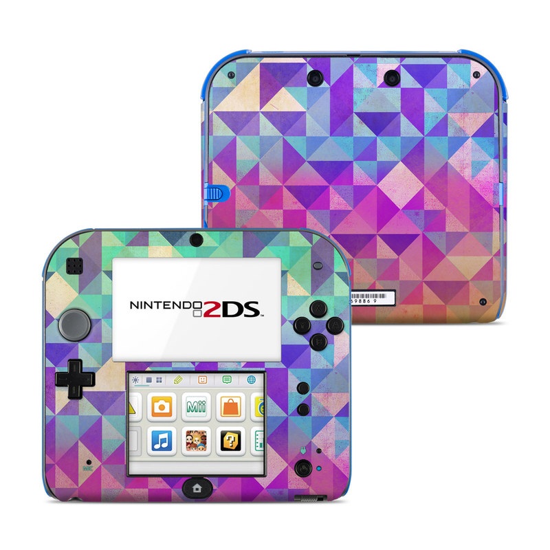 Nintendo 2DS Skin design of Pattern, Purple, Triangle, Violet, Magenta, Line, Design, Symmetry, Psychedelic art, with gray, purple, green, blue, pink colors