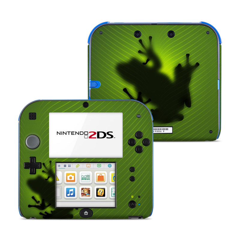 Nintendo 2DS Skin design of Green, Frog, Tree frog, Amphibian, Shadow, Silhouette, Macro photography, Illustration, with green, black colors