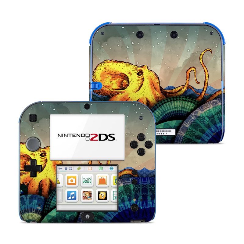 Nintendo 2DS Skin design of Illustration, Fractal art, Art, Cg artwork, Sky, Organism, Psychedelic art, Graphic design, Graphics, Octopus, with black, gray, blue, green, red colors