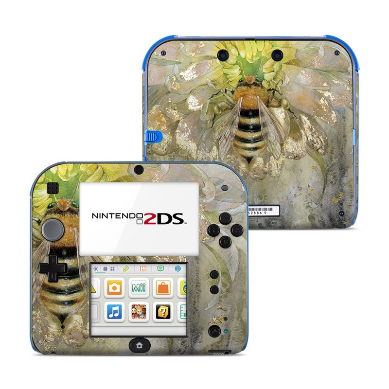 Nintendo 2DS Skin design of Honeybee, Insect, Bee, Membrane-winged insect, Invertebrate, Pest, Watercolor paint, Pollinator, Illustration, Organism, with yellow, orange, black, green, gray, pink colors