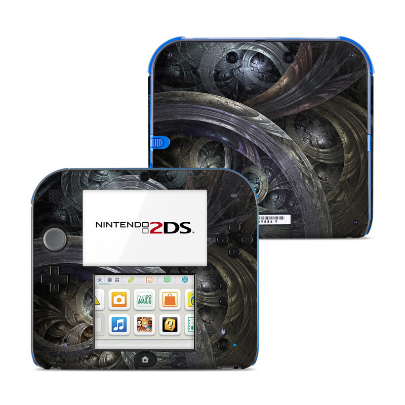Nintendo 2DS Skin design of Fractal art, Graphic design, Art, Cg artwork, Darkness, Circle, Pattern, Illustration, Graphics, Metal, with black, gray, blue colors