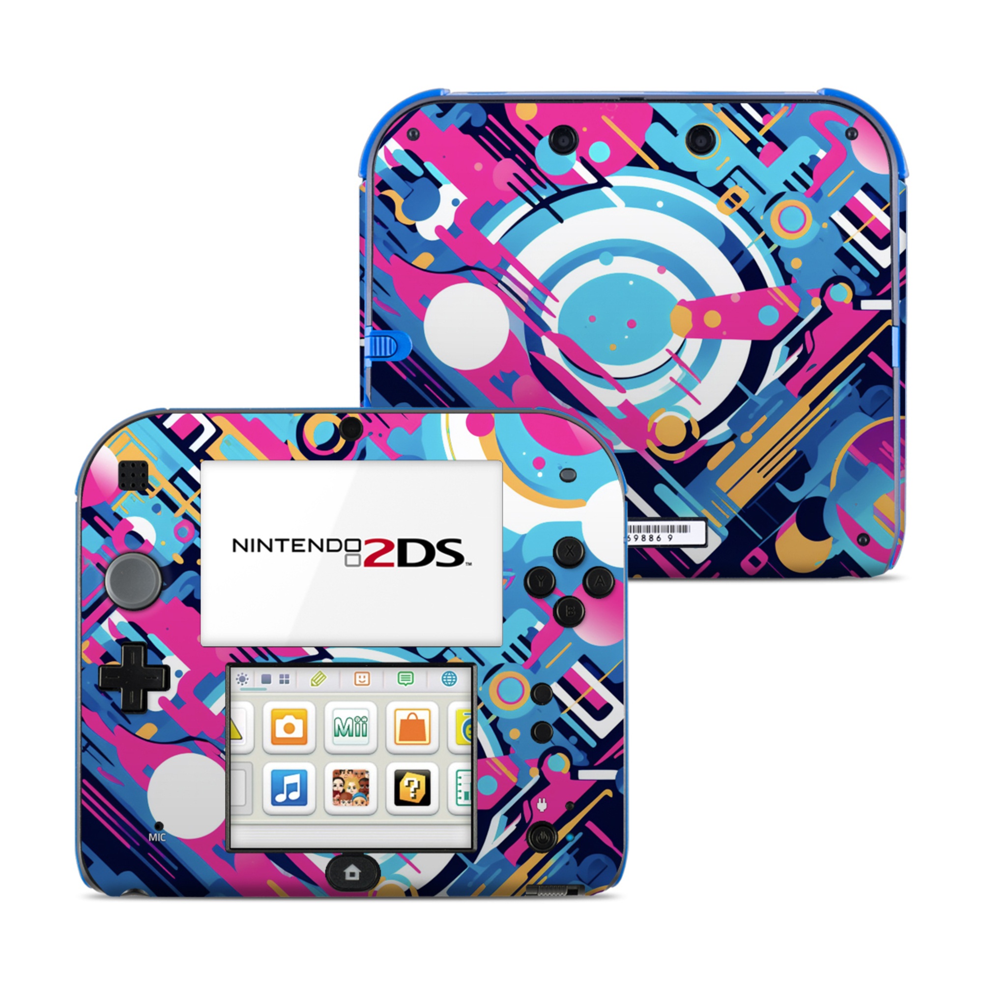 Nintendo 2DS Skin design of Colorfulness, Font, Line, Material property, Art, Magenta, Pattern, Electric blue, Circle, Graphics, with blue, pink, black, white, orange colors