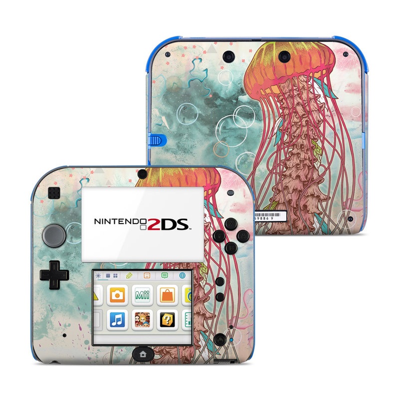 Nintendo 2DS Skin design of Jellyfish, Illustration, Water, Cnidaria, Marine invertebrates, Organism, Portuguese man o' war, Art, Nepenthes, Invertebrate, with gray, pink, yellow, red, green colors