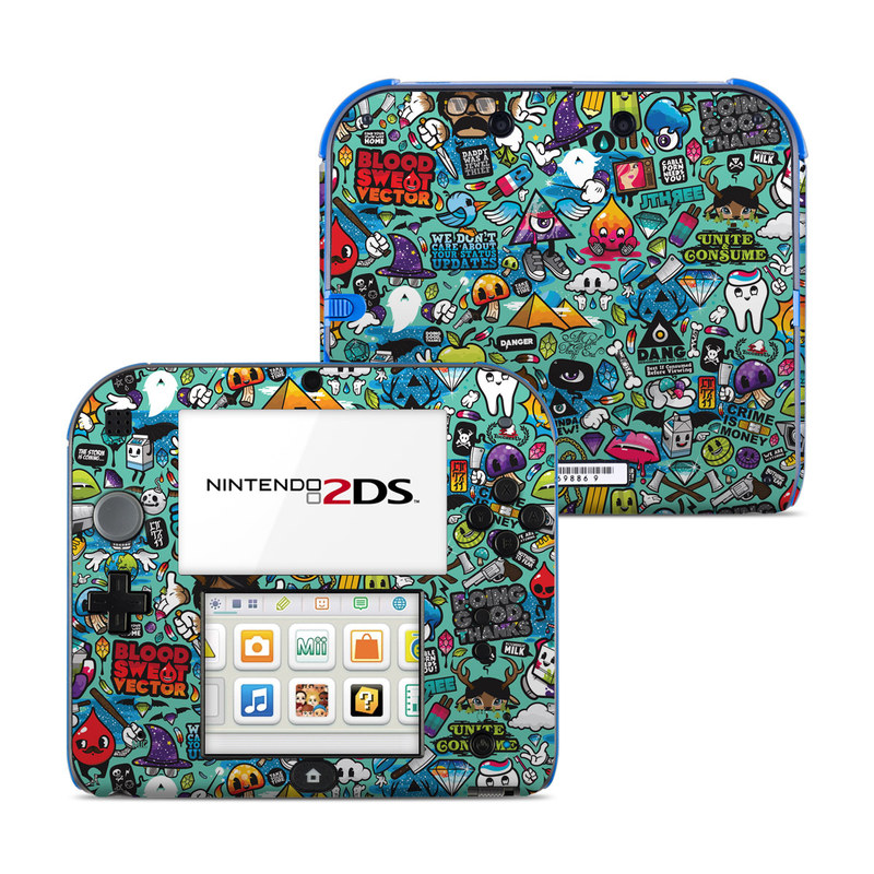 Nintendo 2DS Skin design of Cartoon, Art, Pattern, Design, Illustration, Visual arts, Doodle, Psychedelic art, with black, blue, gray, red, green colors