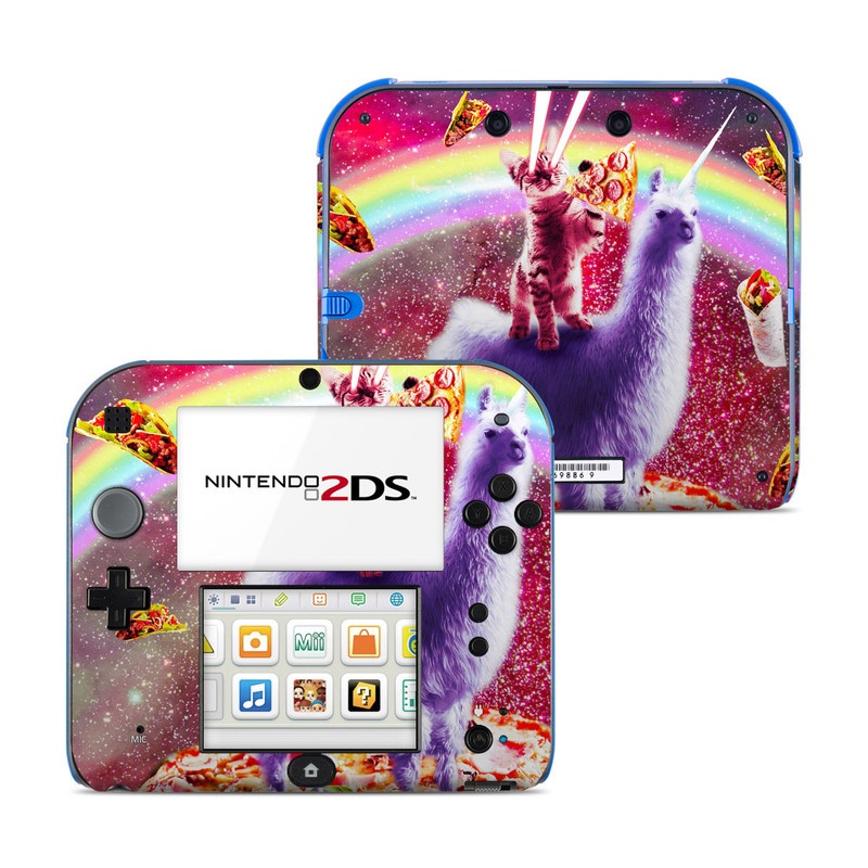 Nintendo 2DS Skin design of Llama, Unicorn, Fictional character, Illustration, Graphic design, Livestock, Camelid, Mythical creature, Graphics, Art, with red, white, yellow, gray, purple, blue, green colors