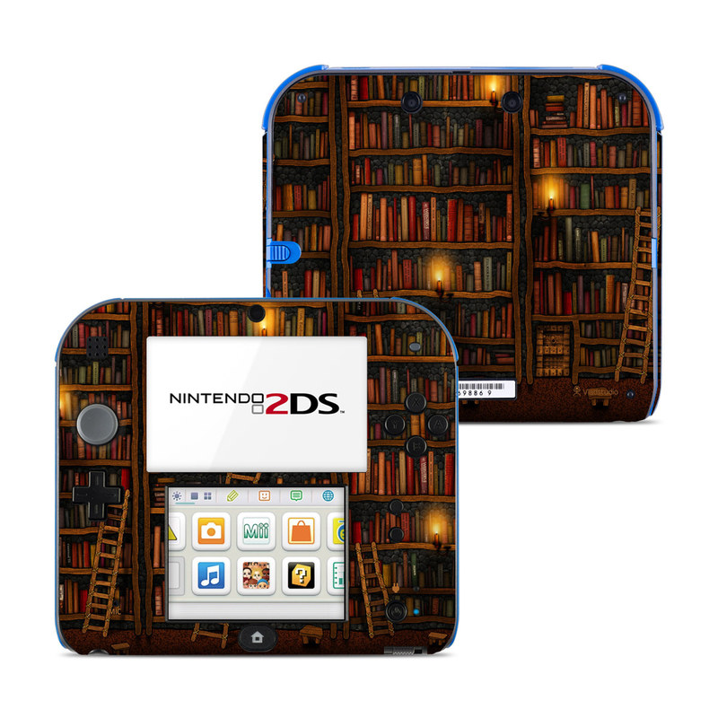 Nintendo 2DS Skin design of Shelving, Library, Bookcase, Shelf, Furniture, Book, Building, Publication, Room, Darkness, with black, red colors