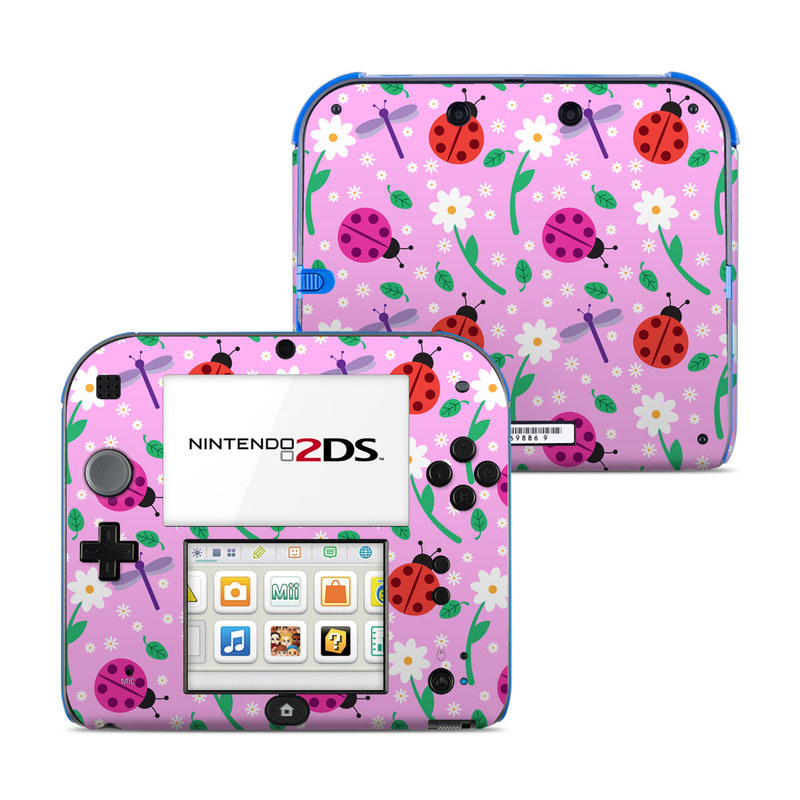 Nintendo 2DS Skin design of Pink, Pattern, Design, Magenta, Clip art, Plant, Visual arts, Ladybug, Child art, Illustration, with pink, white, purple, gray, red, blue colors