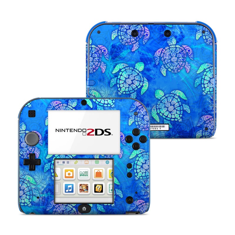 Nintendo 2DS Skin design of Blue, Pattern, Organism, Design, Sea turtle, Plant, Electric blue, Hydrangea, Flower, Symmetry, with blue, green, purple colors