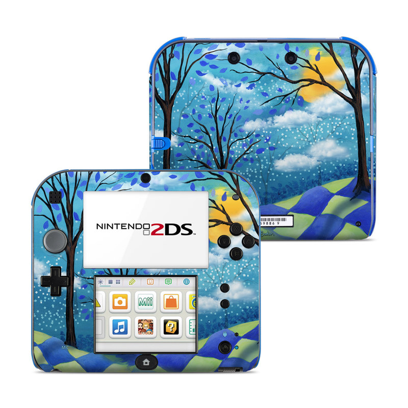 Nintendo 2DS Skin design of Natural landscape, Nature, Blue, Tree, Sky, Branch, Spring, Woody plant, Plant, Leaf, with blue, gray, black, purple, green colors
