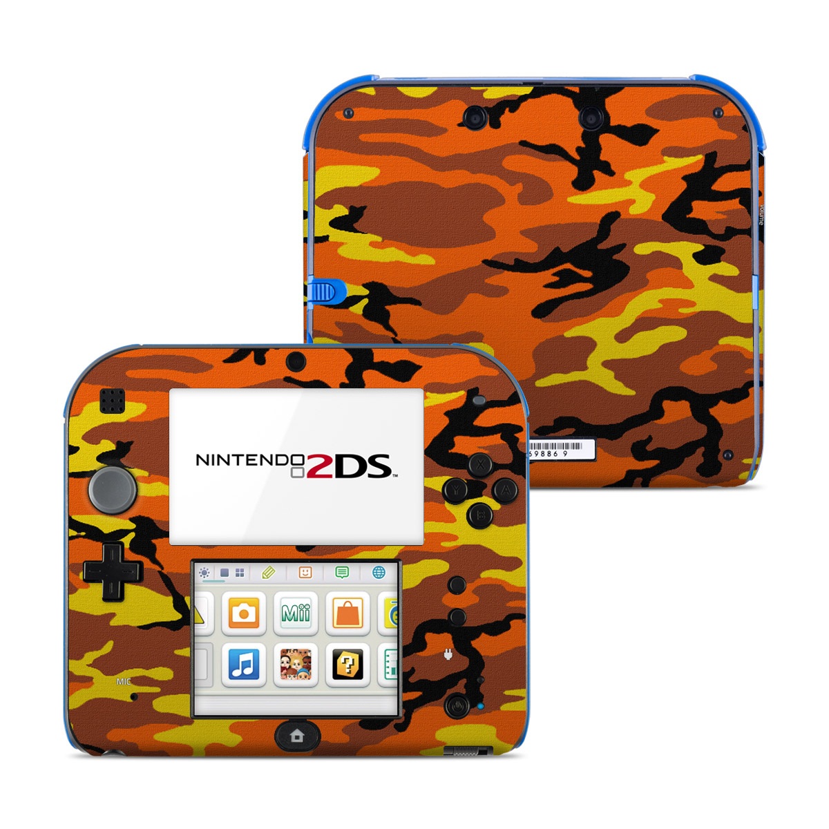 Nintendo 2DS Skin design of Military camouflage, Orange, Pattern, Camouflage, Yellow, Brown, Uniform, Design, Tree, Wildlife, with red, green, black colors