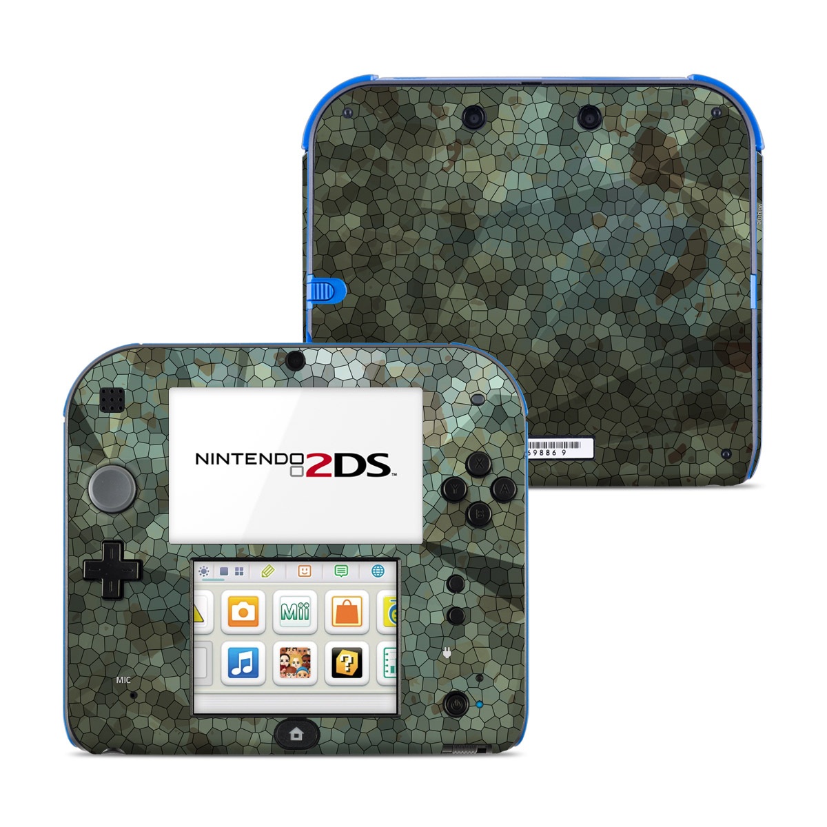 Nintendo 2DS Skin design of Green, Pattern, Brown, Wall, Design, Rock, Geology, Camouflage, Granite, Metal, with black, brown, blue, gray, white colors