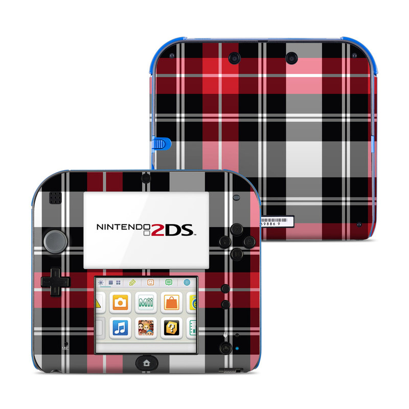Nintendo 2DS Skin design of Plaid, Tartan, Pattern, Red, Textile, Design, Line, Pink, Magenta, Square, with black, gray, pink, red, white colors