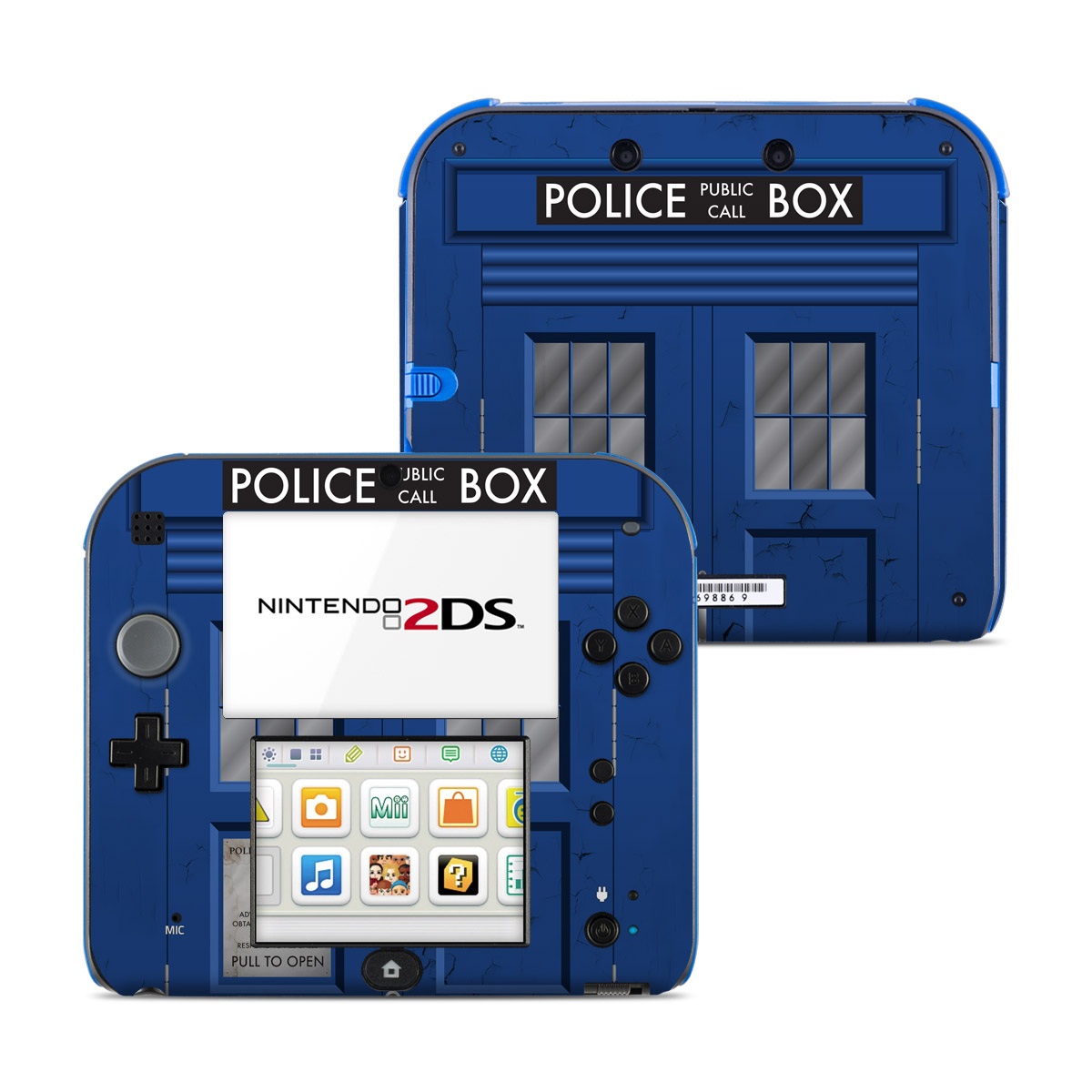 Nintendo 2DS Skin design of Telephone Booth, Blue, Cobalt Blue, Door, Facade, Architecture, Electric Blue, Font, Real Estate, Window, Building, with blue, black, gray, white colors