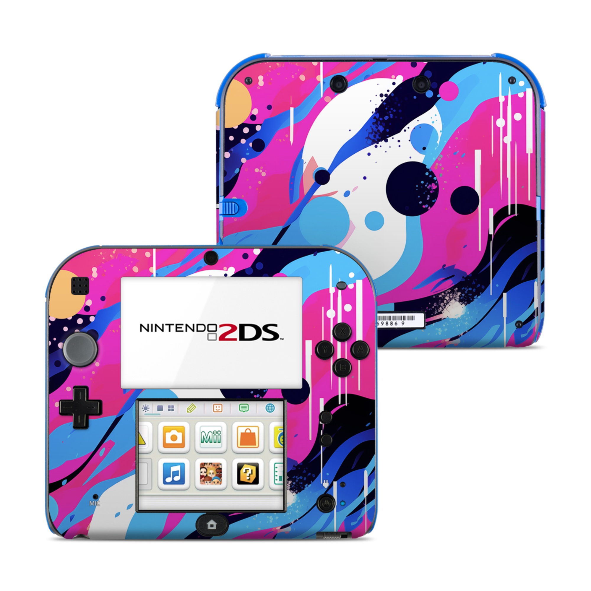 Nintendo 2DS Skin design of Organism, Art, Line, Font, Magenta, Art paint, Paint, Pattern, Electric blue, Tints and shades, with pink, blue, white, black, orange colors