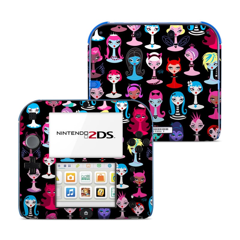 Nintendo 2DS Skin design of Facial expression, Product, Font, Pink, Red, Magenta, Material property, Pattern, Fictional character, Illustration, with black, pink, blue, brown, red, green, white, yellow colors