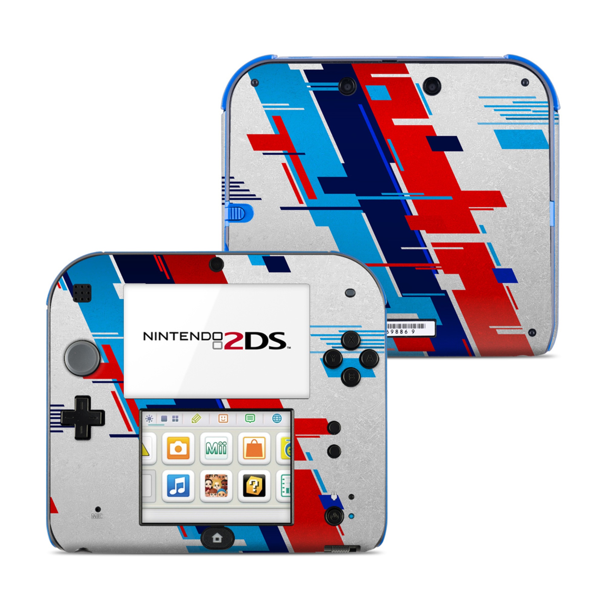 Nintendo 2DS Skin design of Azure, Font, Material property, Parallel, Electric blue, Slope, Graphics, Carmine, Brand, Rectangle, with gray, blue, black, red, purple colors