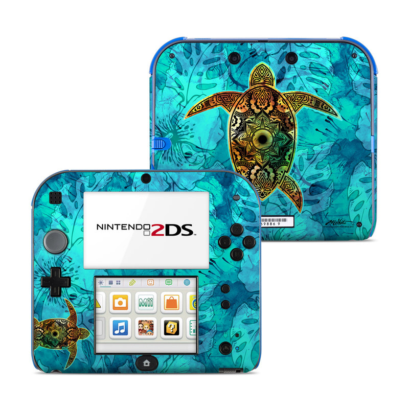 Nintendo 2DS Skin design of Sea turtle, Green sea turtle, Turtle, Hawksbill sea turtle, Tortoise, Reptile, Loggerhead sea turtle, Illustration, Art, Pattern, with blue, black, green, gray, red colors