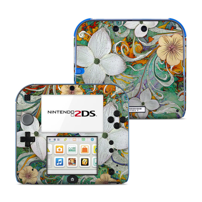 Nintendo 2DS Skin design of Flower, Pattern, Plant, Wildflower, Floral design, Petal, Art, Painting, Visual arts, Wallpaper, with gray, black, green, blue, red colors
